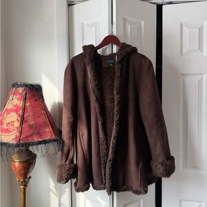 Jones NY Brown Faux Shearling Hooded Coat